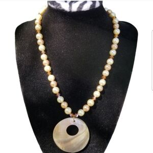 Vintage Mother of Pearl Donut Pendant Necklace - Champagne Glass Pearls & Crysta